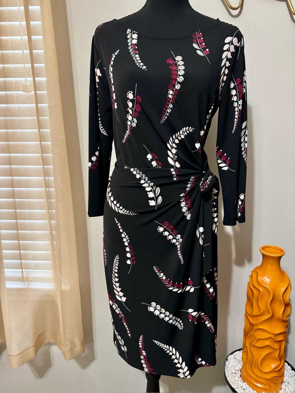 Ann Taylor Factory Black Midi Dress with White and Deep Magenta Leaf Print